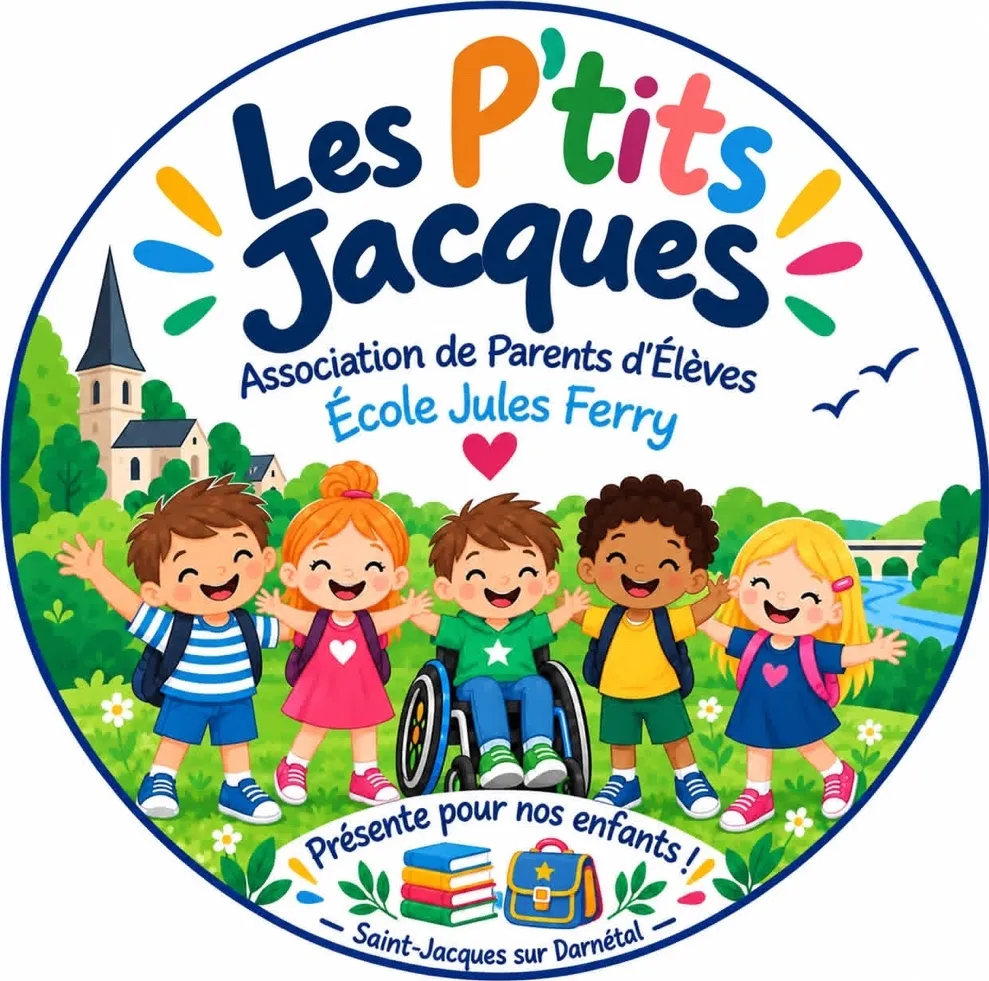 Logo Les P'tits Jacques : cinq enfants souriants, dont un en fauteuil roulant, devant le village de Saint-Jacques-sur-Darnétal